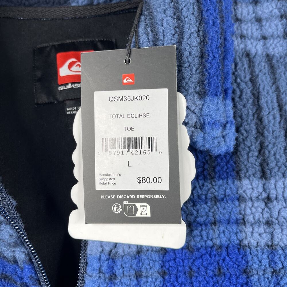 Quiksilver Sherpa Full Zip Sweatshirt Jacket Mens L Blue Plaid Warm Pockets New - Picture 7 of 14